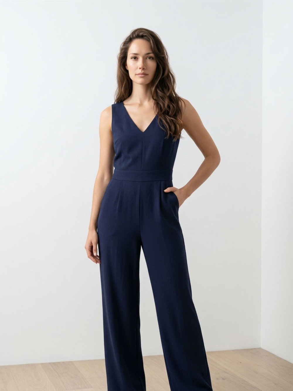 Boden Navy Sleeveless V-Neck Wide-Leg Jumpsuit